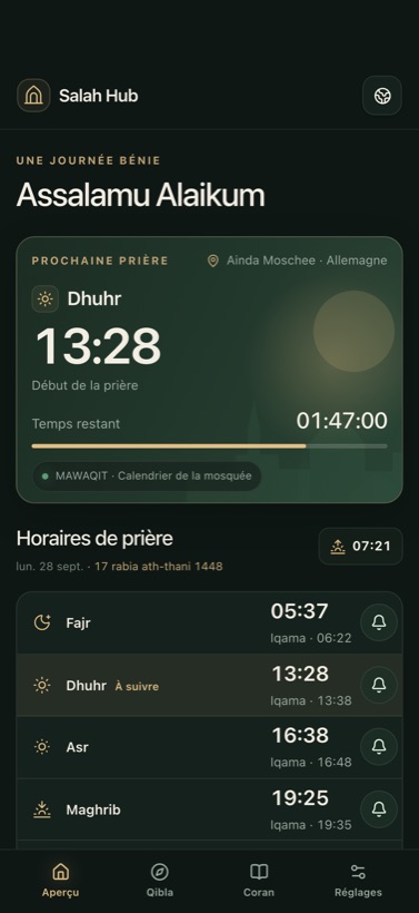 Calendrier de la mosquée avec Iqama